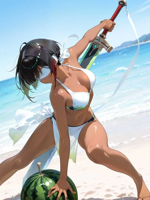 1girl、solo、dark-skinned female - スイカ割り