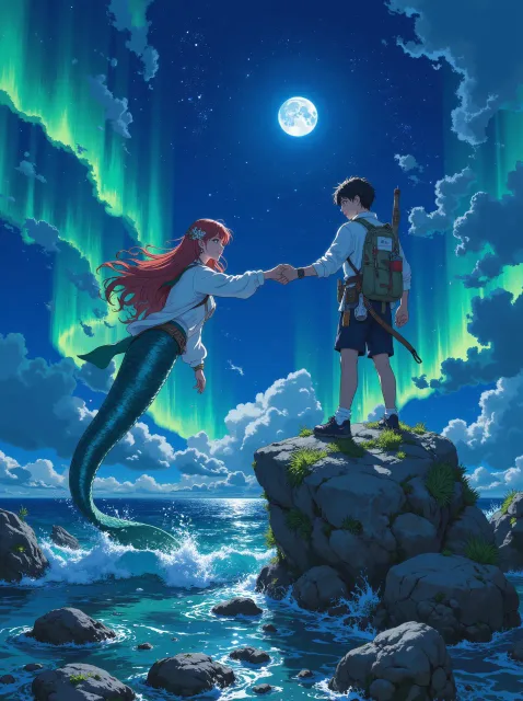 「岩場の人魚と人間(せら)」の縦型画像です - 海賊 vs 人魚
