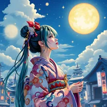 月をみる美女