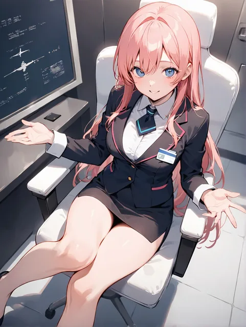 飛行機の椅子に座っているスチュワーデス、ピンク髪の少女