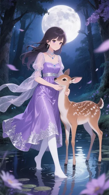月光の森の少女とバンビ