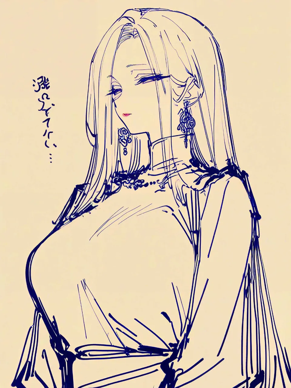 線画だけで描かれた成年女性と長い髪の流れ - 線だけの世界