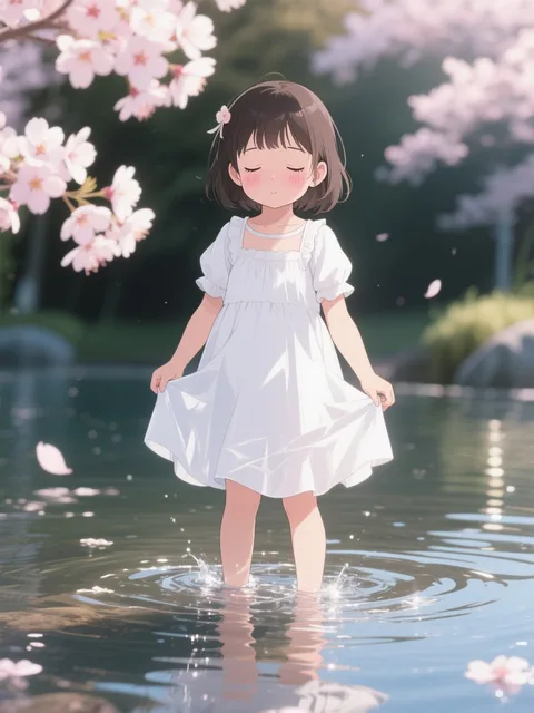 水面に浮かぶ、立ってる小さい女の子、白いワンピース