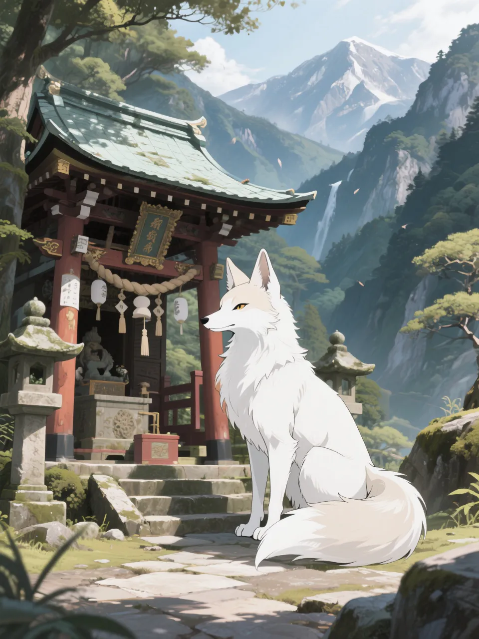 山奥に佇む神社に訪れた白狐様 — ガムルさんのAIイラスト