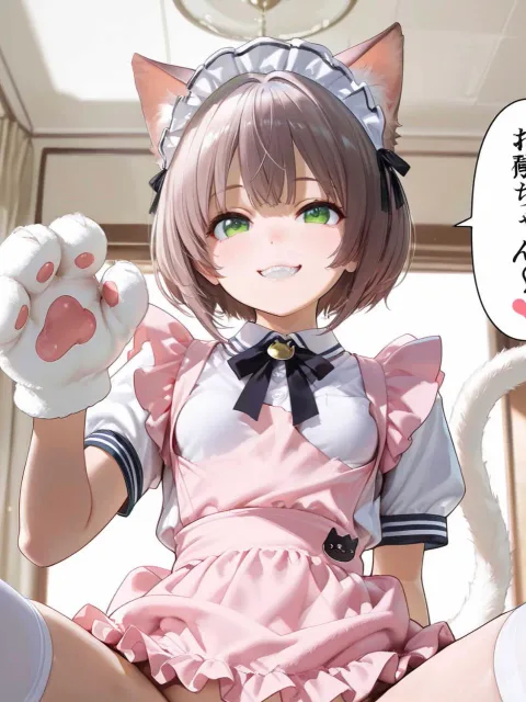 肉球ミトンを着けた少女、混雑しているメイド喫茶の店内