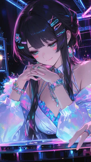 夜のクラブイベント、DJブースの前で音楽を楽しむ女性、カラフルな照明、レーザーライト、都会的なファッション、躍動感のある…