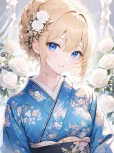 ブルーの大きなひとみと白の薔薇