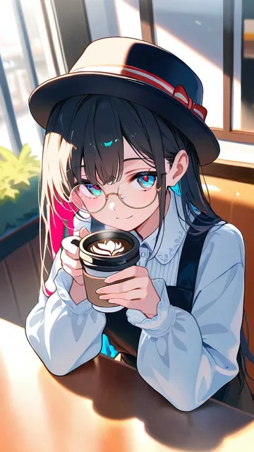 カフェで席についていて、色付きの丸メガネを下ろし - きらめくカフェ