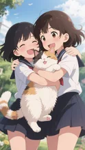 もふもふ猫ちゃんに抱きつく姉妹