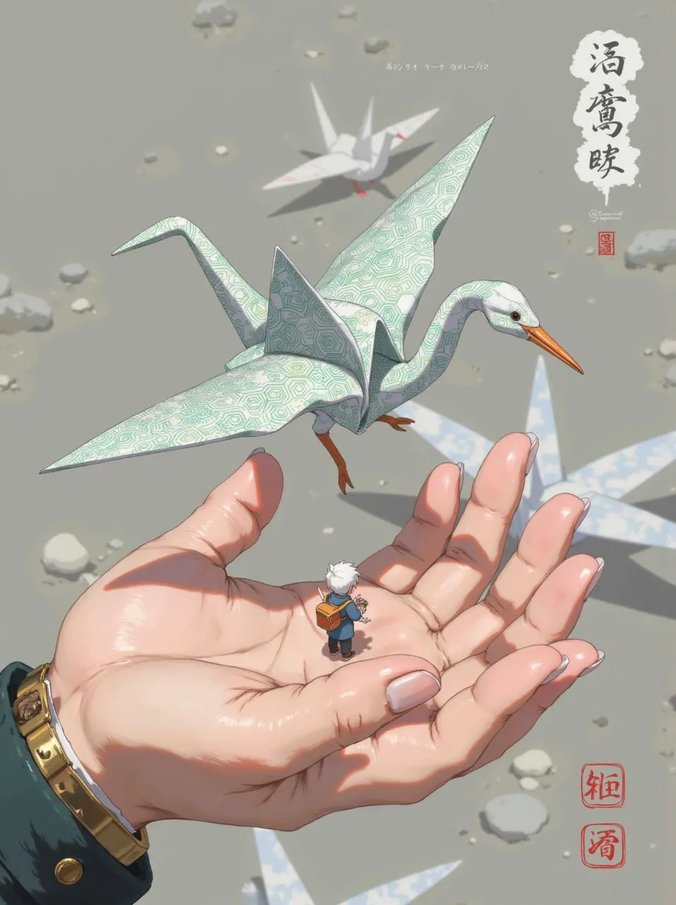 オマケの没、 「小さな子供の手に乗る〜」いや小さな子供が手に乗ってますやん(´・ω・`) あと折り鶴、お前はどうした?