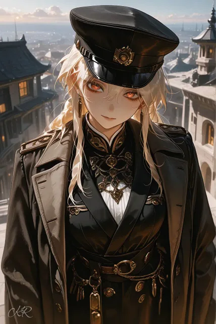 きちんとした服装、黒い軍服風のコートを着た悪の女幹部の女性