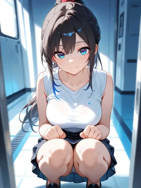 膝を抱えてしゃがむ18歳くらいの少女