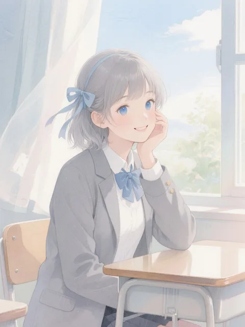 1 人の少女、グレーヘア、リボン、ヘアバンド、青い瞳、微笑み