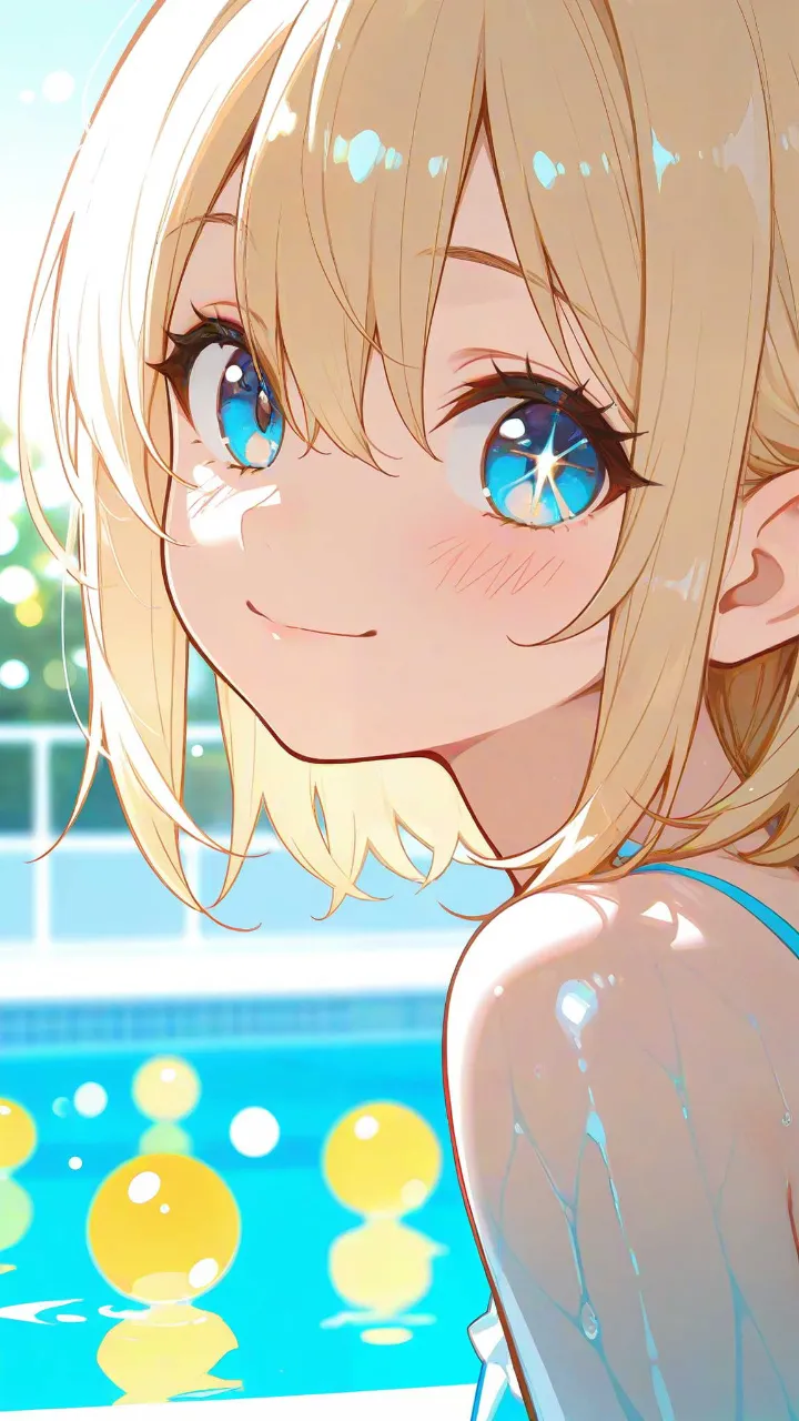 宵のプールサイド・おさげの少女