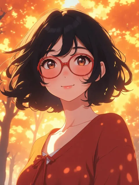 笑った顔の可愛らしい成年女性、秋の紅葉、上半身