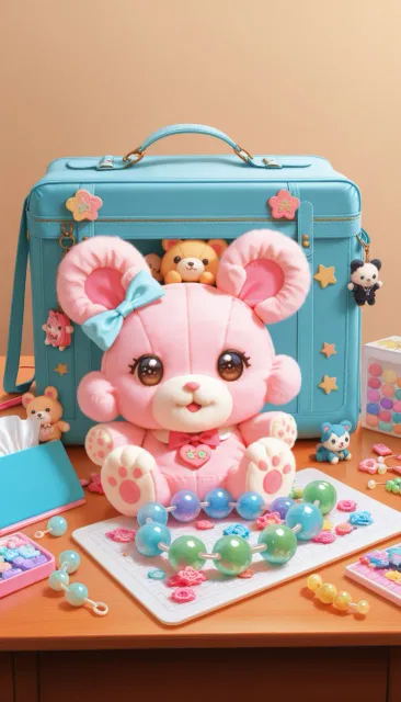 自分だけのオリジナルバッグチャームをデザインする少女、透明ビーズ、カラフルなパーツ、小さなぬいぐるみ、机いっぱいの素材、…
