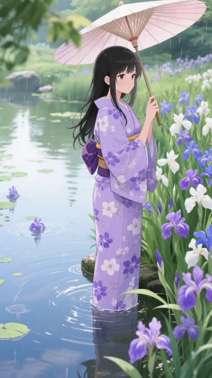 S 雨上がり、花菖蒲に佇む君