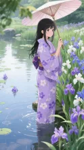S　雨上がり、花菖蒲に佇む君