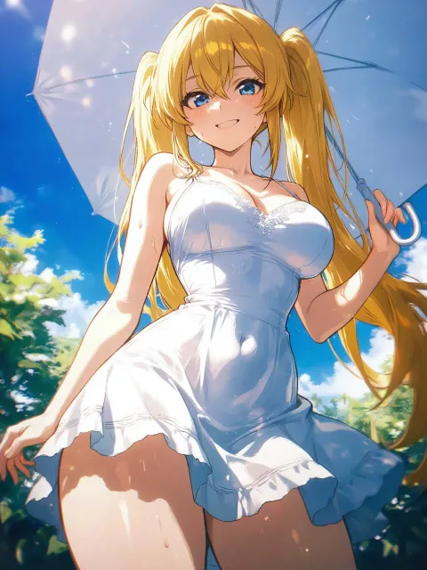 日傘をさす上品な美女、夏の午後の木漏れ日、自信に満ちた笑顔