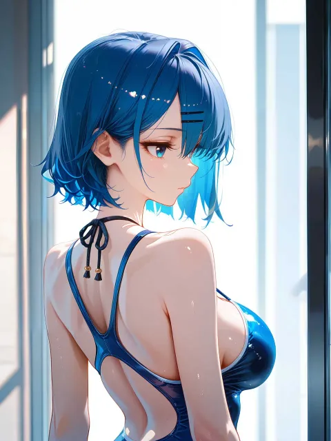 青い水着、青い髪、アへ顔、色っぽい色気、青い瞳