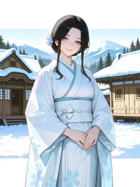 きちんとした服装、白と紅の着物を着た鶴の娘の成年女性 - 鶴の恩返し