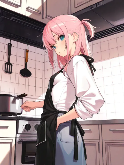 下半身は何も履いてない、お尻を向けてる、火を止めた台所
