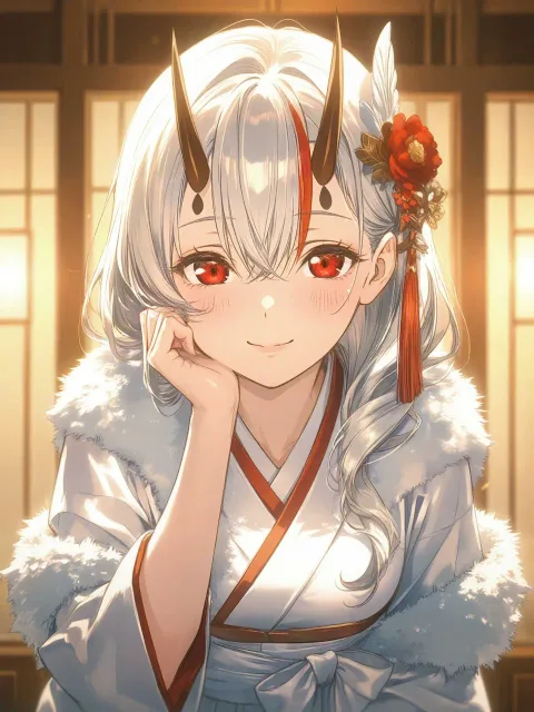 白と紅の着物を着た鶴の娘の成年女性、目線の高さから