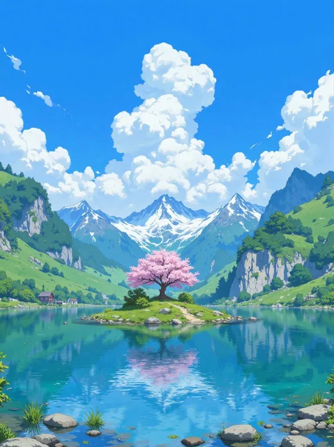 山に囲まれている その中に湖がある中心に桜の木が立っている小…