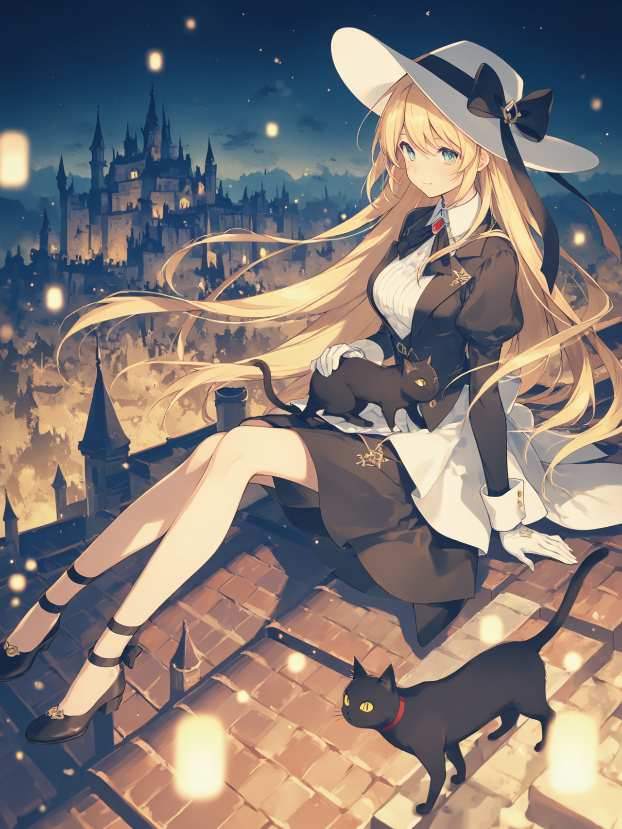 黒猫と賑わう夜 — しーさんのAIイラスト