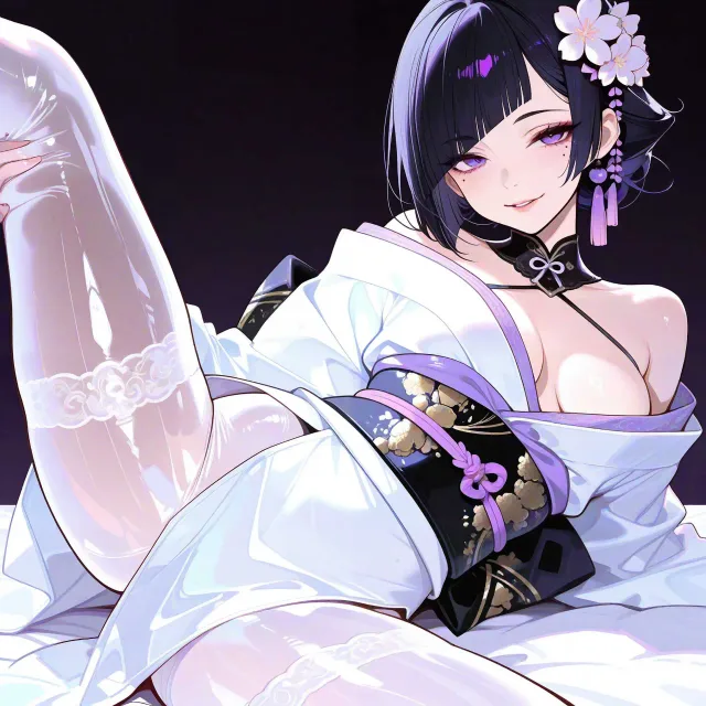 豪華な帯、はだけた胸元、桜吹雪、艶やかな笑み、バストアップ