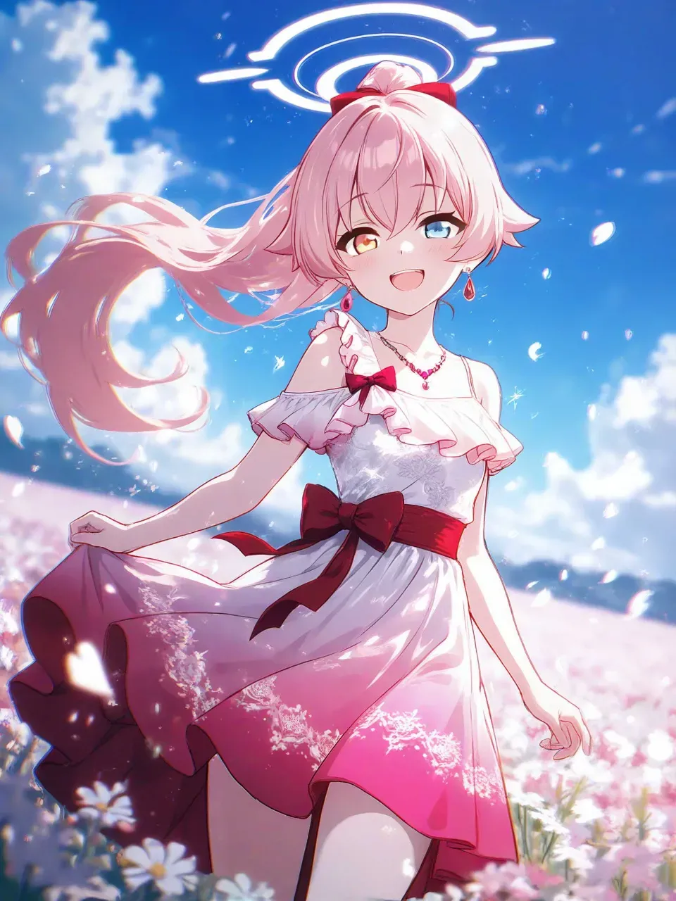 ピンク色の花畑とドレスホシノ