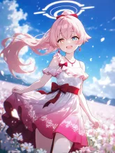 ピンク色の花畑とドレスホシノ — ボルトさんのAIイラスト