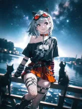 星空を見上げるパンク娘と黒ニャンコ…銀