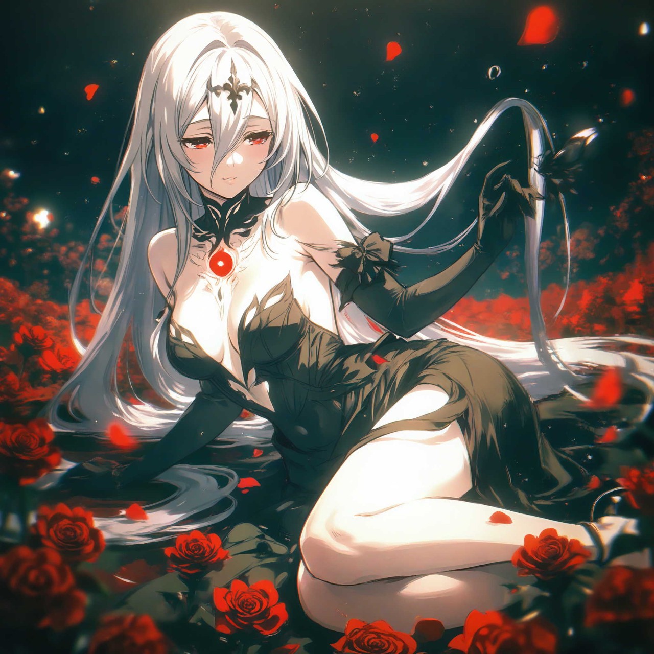 闇の中月明かりでてらされて浮かぶ薔薇と少美女幻想的な美少女♡❣️💫 — cocoaさんのAIイラスト