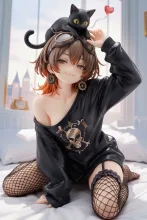 オーバーサイズのトレーナーで…パンク娘と黒ニャンコ…フィギュア…茶 — たくりんさんのAIイラスト