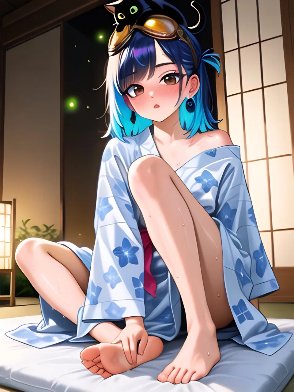 寝苦しい夜に浴衣ですわ…パンク娘と黒ニャンコ…青