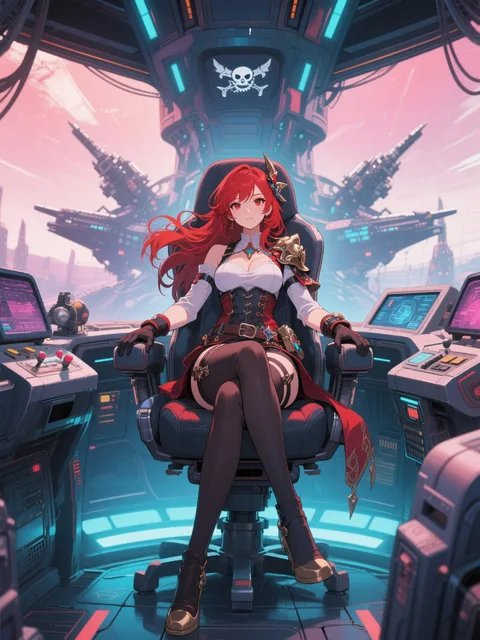 宇宙海賊戦艦の艦長席に、RPGゲーム風の色っぽい服装の