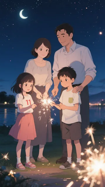 夏の夜、線香花火をする子供、10歳の女の子、8歳の男の子