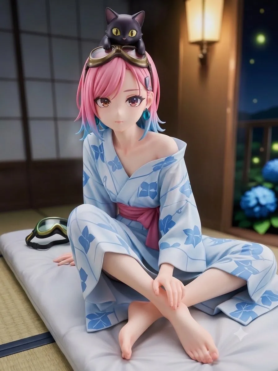 寝苦しい夜に浴衣ですわ…パンク娘と黒ニャンコ…フィギュア…桃