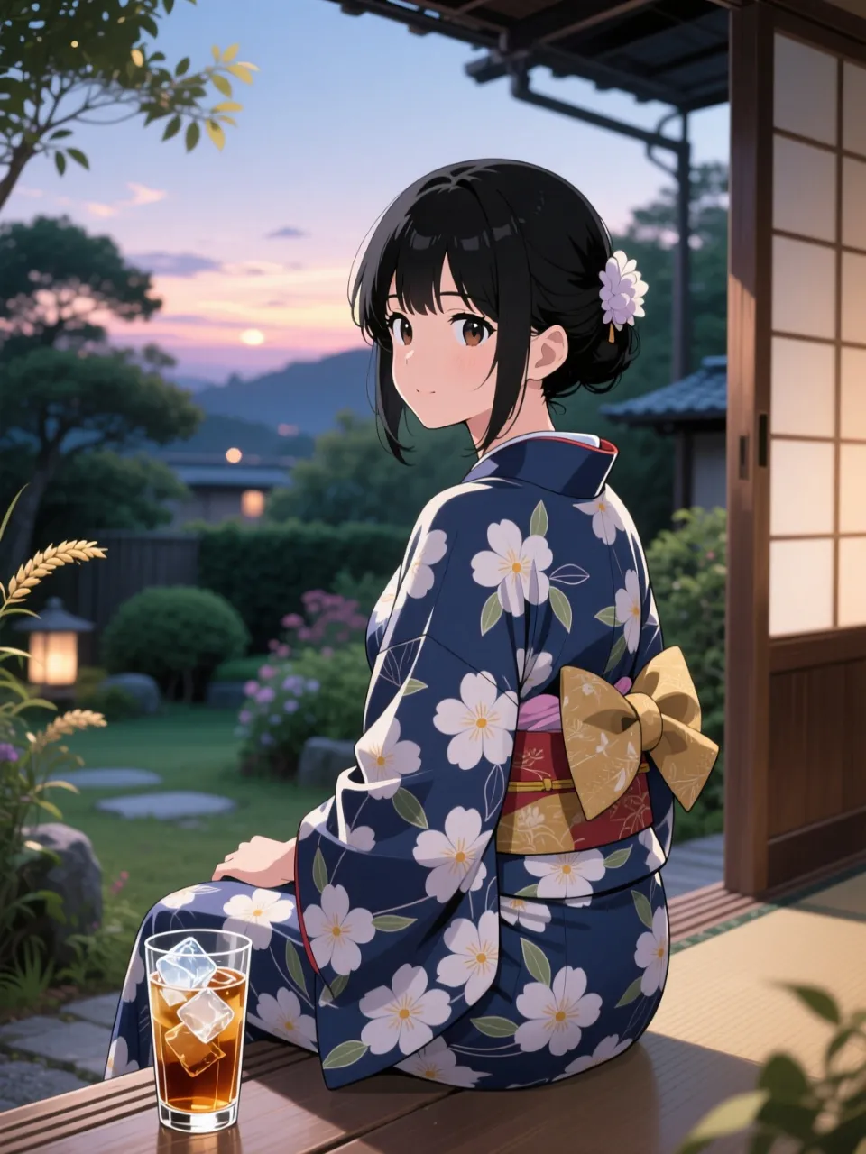 縁側の浴衣美人