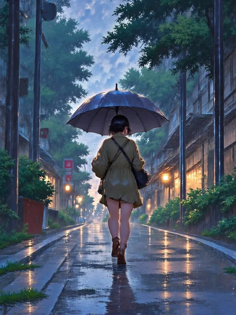 一人傘をさして道を歩く、雨のせいでいつもよりも長く思える道