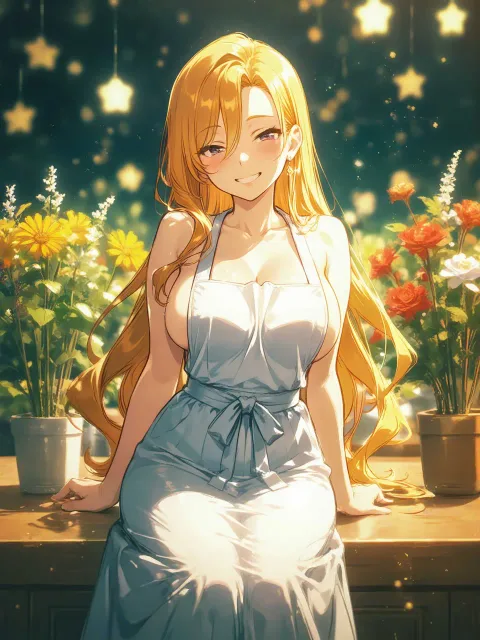 多くの花々に囲まれたフローリストに淑女