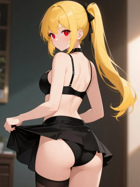 黄色髪サイドテール、赤目の少女が黒いブラジャーのまま