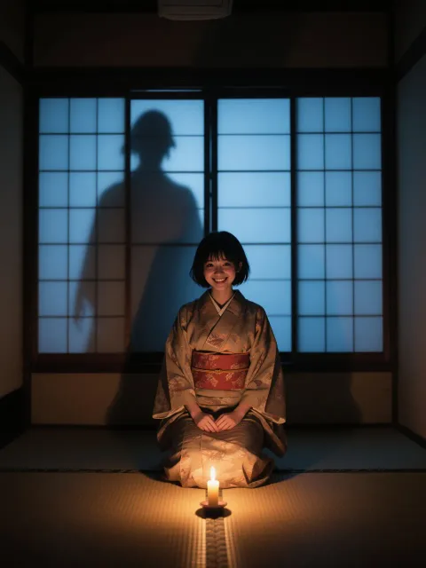 暗い和室、ロウソクの明かり - 百物語の少女