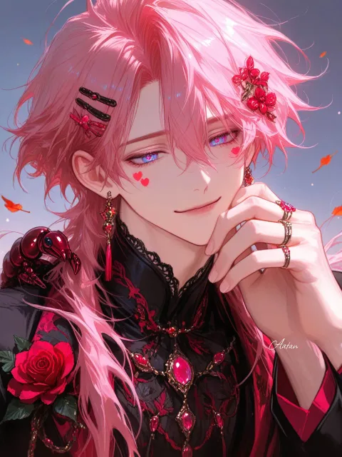 きちんとした服装、蠍座をイメージした深紅と黒の衣装のboy