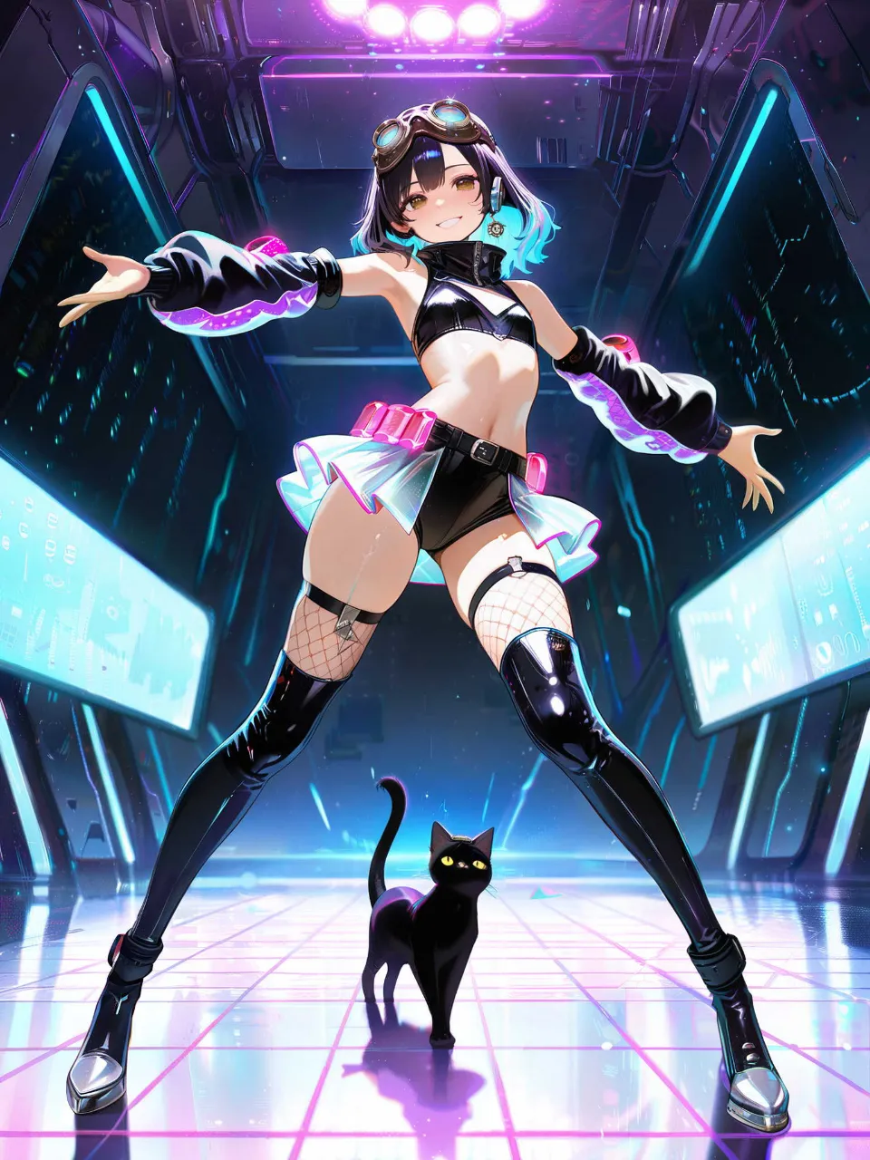 サイバーなeスポーツ会場にやってきた…パンク娘と黒ニャンコ…黒 — たくりんさんのAIイラスト
