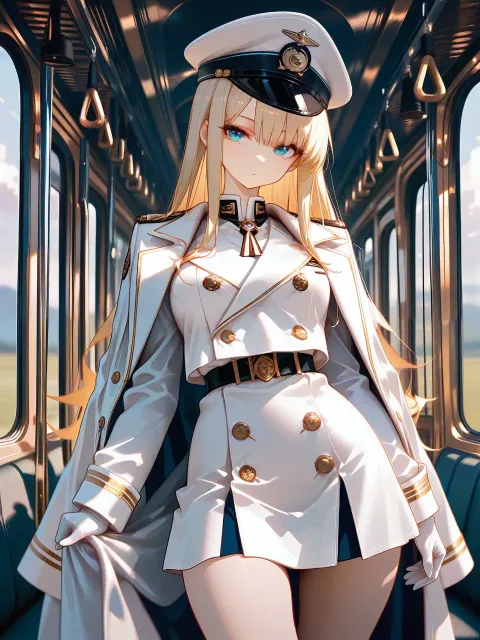 きちんとした服装、紺色の車掌の制服と制帽の美少女 - 夜行列車の車掌