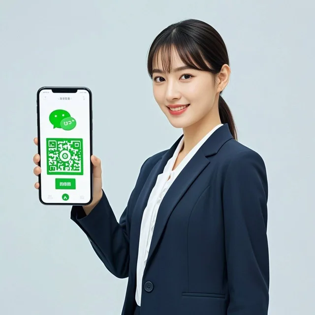 穿西服的美女举着手机、手机里显示着微信二维码