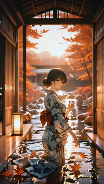 秋の温泉旅館に泊まる女性、浴衣姿、木造の旅館、露天風呂、紅葉、夕暮れ、温かい灯り、日常から離れた癒しの時間、美しい日本の…