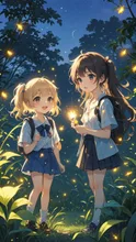 ホタル狩りをする幼い姉妹